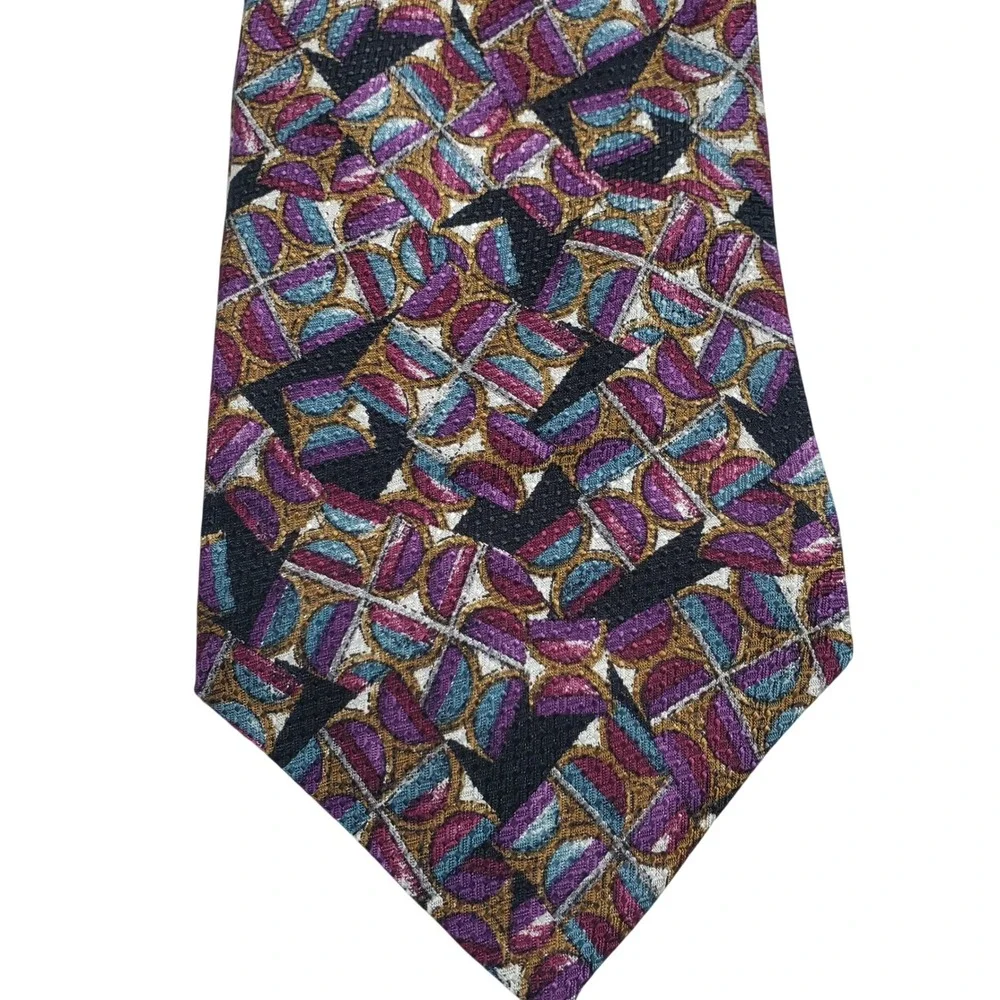 Martin Wong Mens Silk Geometric Abstract Necktie OS Purple Teal Gold‎